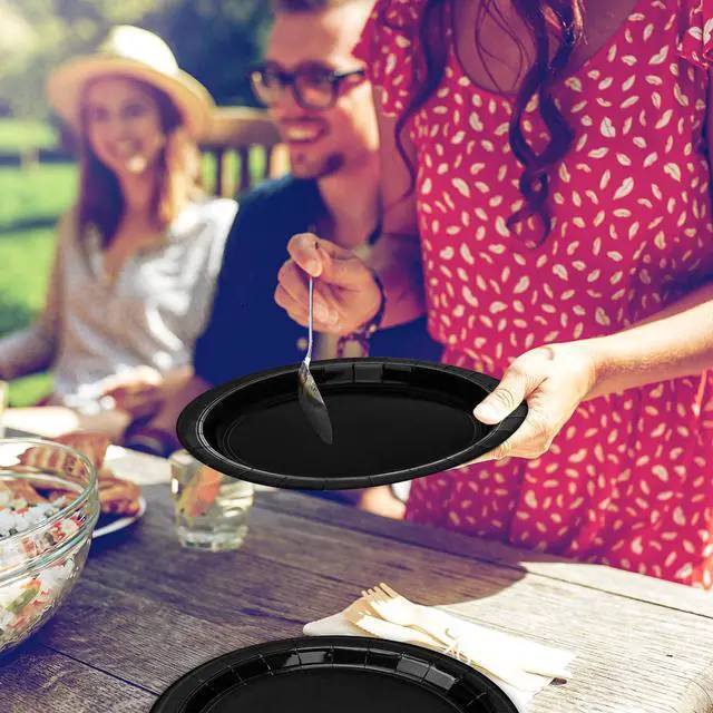 Alt view image 5 of 7 - 50 Pieces of Paper Plates, Round Black Party Plates Pack, Disposable 9 Inches Paper Dinner Plates, Everyday Use Plates for Daily Meals Picnic Camping Birthday Christmas Thanksgiving Supplies