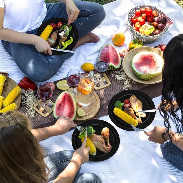 Alt view image 6 of 7 - 50 Pieces of Paper Plates, Round Black Party Plates Pack, Disposable 9 Inches Paper Dinner Plates, Everyday Use Plates for Daily Meals Picnic Camping Birthday Christmas Thanksgiving Supplies