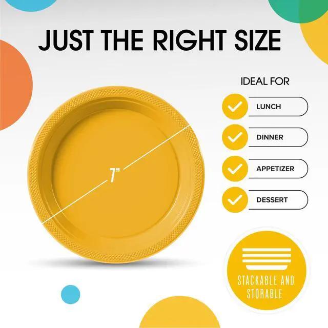 Alt view image 3 of 7 - Party Solids Yellow Plastic Plates For Party Supplies 7" Yellow Disposable Plates Heavy Duty 50 Pcs Plastic Dinnerware Sets Heavy Duty 350 GSM Disposable Dinnerware Set