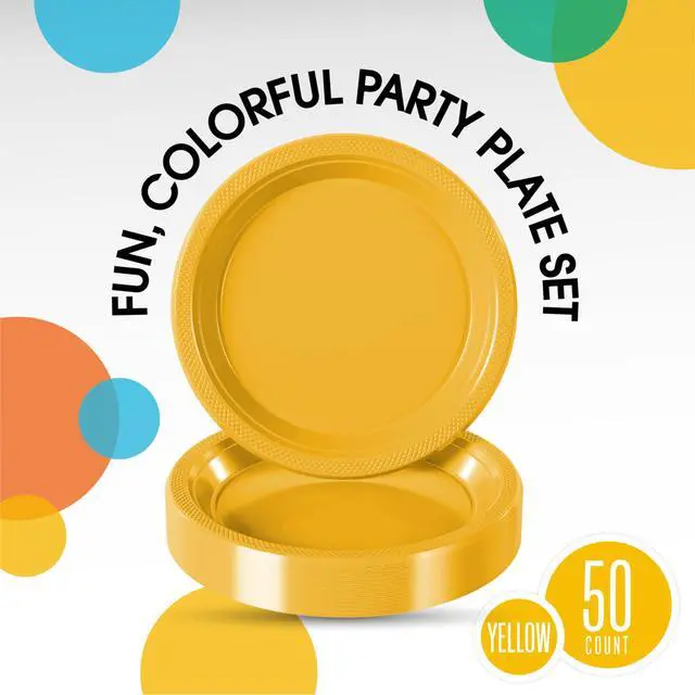 Alt view image 2 of 7 - Party Solids Yellow Plastic Plates For Party Supplies 7" Yellow Disposable Plates Heavy Duty 50 Pcs Plastic Dinnerware Sets Heavy Duty 350 GSM Disposable Dinnerware Set