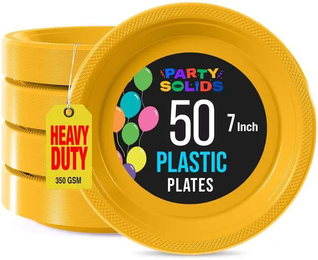 Main image of Party Solids Yellow Plastic Plates For Party Supplies 7" Yellow Disposable Plates Heavy Duty 50 Pcs Plastic Dinnerware Sets Heavy Duty 350 GSM Disposable Dinnerware Set