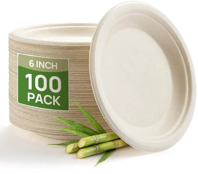 Main image of 6 Inch Natural Compostable Plates 100 Pack, 100% FSC Certified Unbleached Bagasse Paper Plates, Heavy Duty Eco Friendly Disposable Plates for Party, Wedding, BBQ, Catering & Everyday Use
