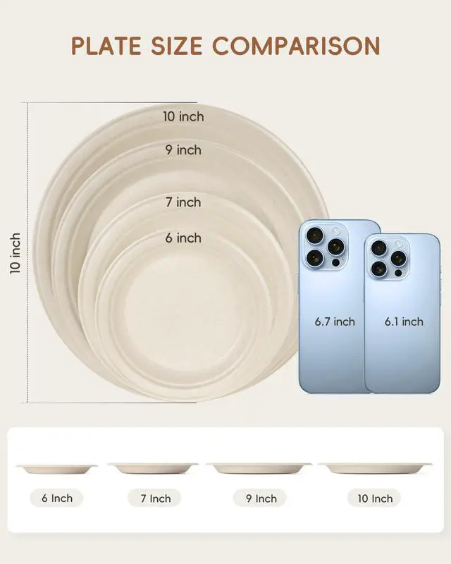 Alt view image 4 of 7 - 6 Inch Natural Compostable Plates 100 Pack, 100% FSC Certified Unbleached Bagasse Paper Plates, Heavy Duty Eco Friendly Disposable Plates for Party, Wedding, BBQ, Catering & Everyday Use
