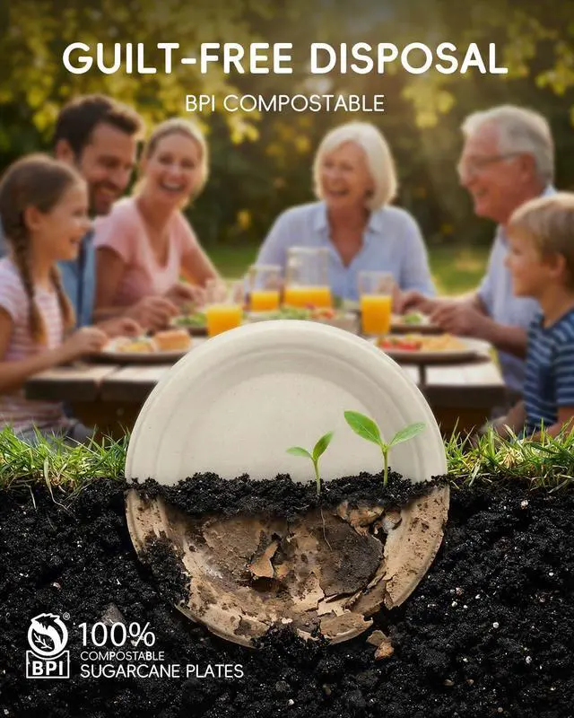 Alt view image 6 of 7 - 6 Inch Natural Compostable Plates 100 Pack, 100% FSC Certified Unbleached Bagasse Paper Plates, Heavy Duty Eco Friendly Disposable Plates for Party, Wedding, BBQ, Catering & Everyday Use