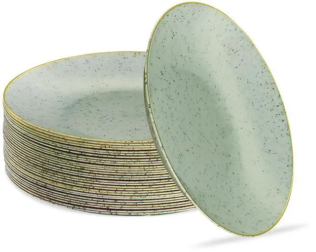 Main image of 30 Pack Disposable Plastic Plates Heavyweight Granite Look Elegant 7 inch Dinner Plates Green with Gold Rim