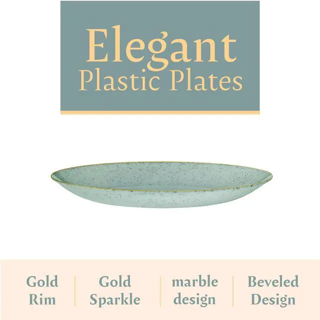 Alt view image 6 of 7 - 30 Pack Disposable Plastic Plates Heavyweight Granite Look Elegant 7 inch Dinner Plates Green with Gold Rim