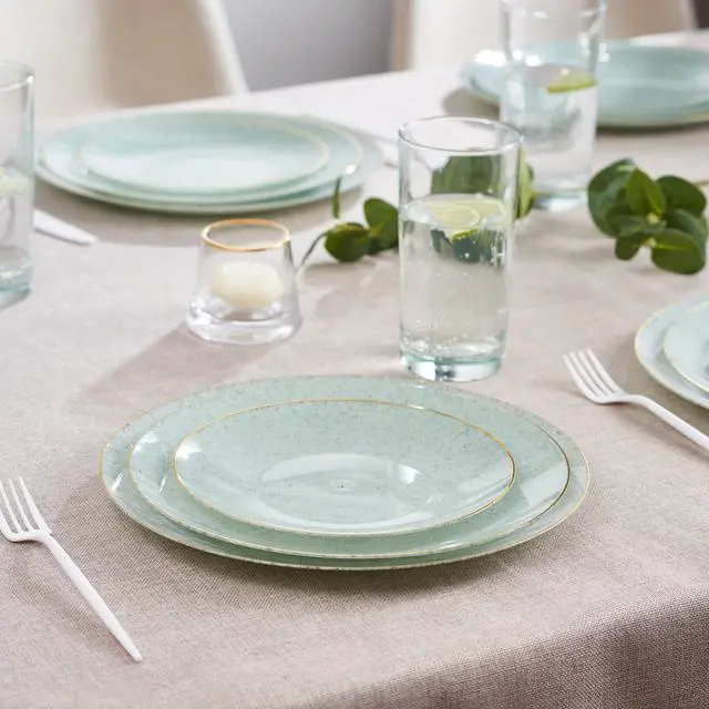 Alt view image 5 of 7 - 30 Pack Disposable Plastic Plates Heavyweight Granite Look Elegant 7 inch Dinner Plates Green with Gold Rim