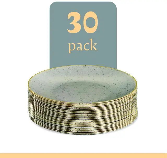 Alt view image 7 of 7 - 30 Pack Disposable Plastic Plates Heavyweight Granite Look Elegant 7 inch Dinner Plates Green with Gold Rim