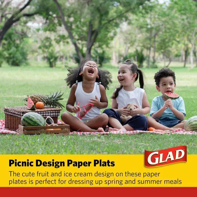 Alt view image 5 of 6 - Disposable Paper Plates, Picnic Design - Soak Proof, Cut-Resistant, and Microwavable for All Foods, Great for Outdoor Parties and Everyday Meals, Multicolor, 10 Inch, 50 Count