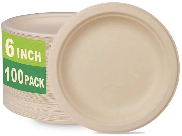 Main image of 100 Count 6 Small Compostable Dessert Plates, Heavy-duty Unbleached Biodegradable Bagasse and Bamboo fiber Paper Plates