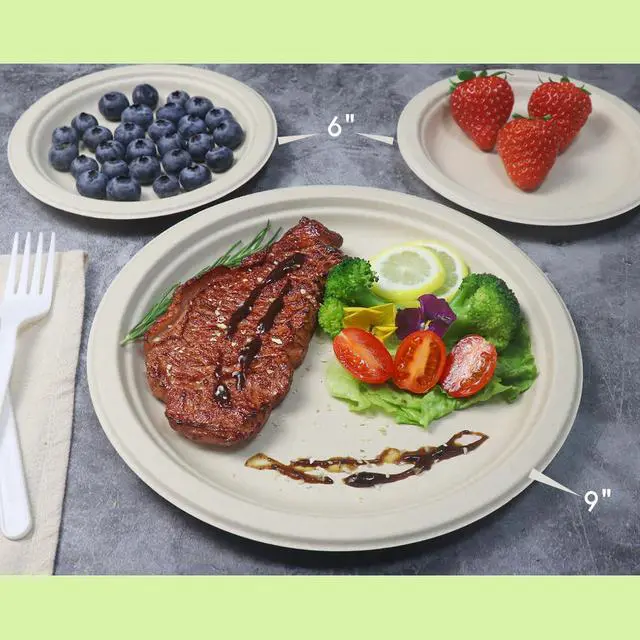 Alt view image 4 of 7 - 100 Count 6 Small Compostable Dessert Plates, Heavy-duty Unbleached Biodegradable Bagasse and Bamboo fiber Paper Plates