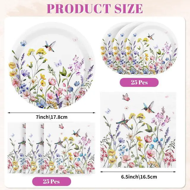 Alt view image 3 of 7 - 50 Pcs Wildflower Plates and Napkins, Baby in Bloom Baby Shower Decorations