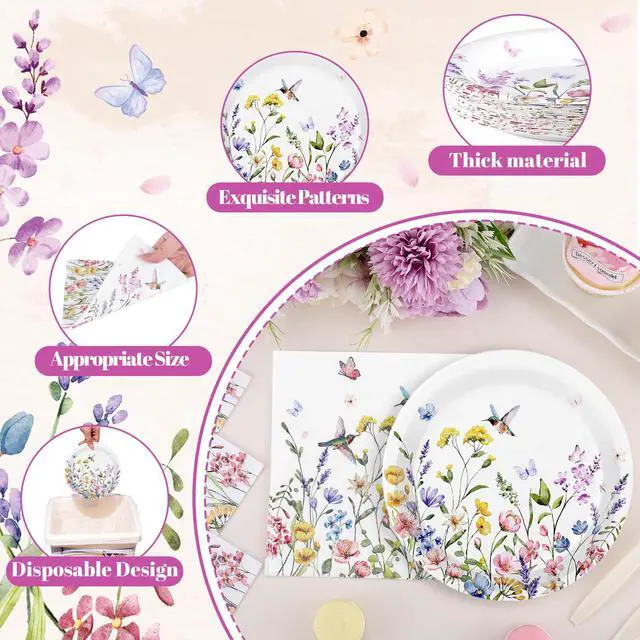 Alt view image 4 of 7 - 50 Pcs Wildflower Plates and Napkins, Baby in Bloom Baby Shower Decorations