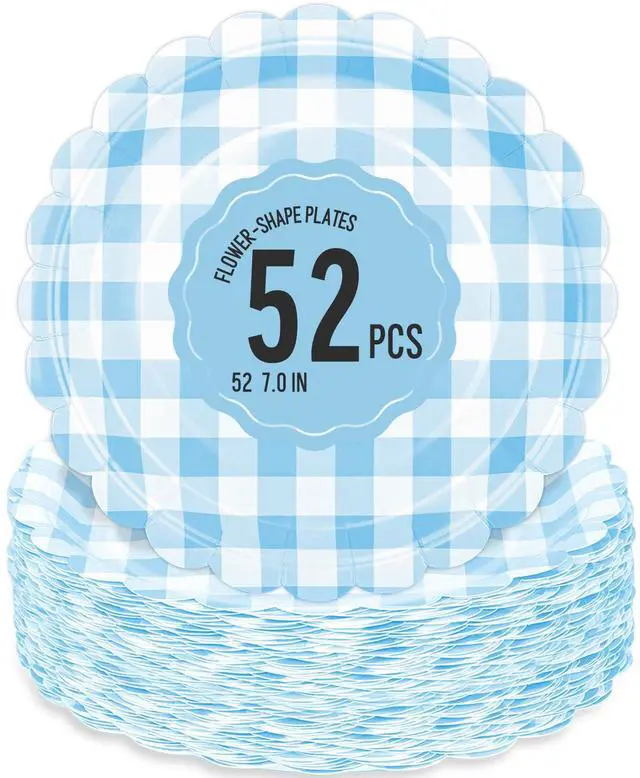 Main image of 52 Pcs Light Blue Scalloped Paper Plates - 7 Inch Gingham Paper Plates Checkered Party Plate - Disposable Plaid Decorative Dinner Dessert Serving Plate - For Baby Shower Wedding Birthday
