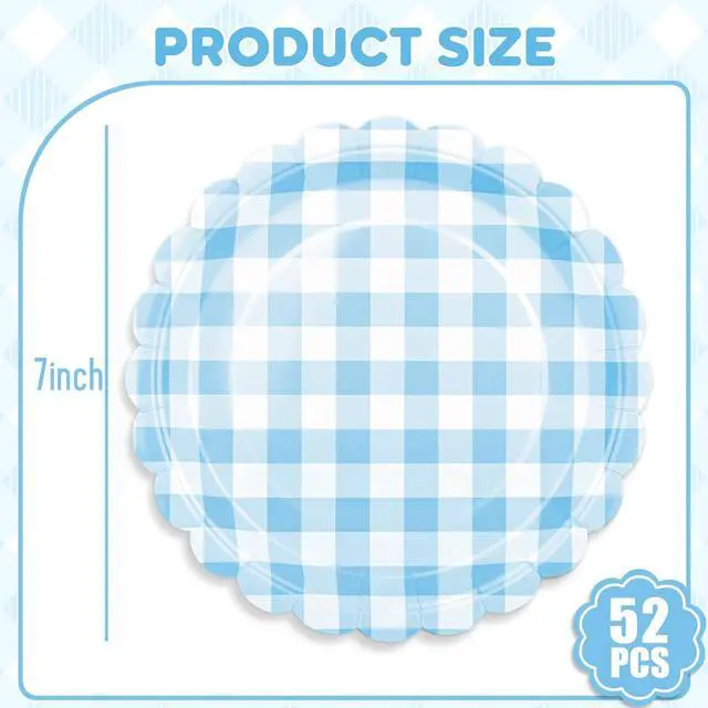 Alt view image 2 of 7 - 52 Pcs Light Blue Scalloped Paper Plates - 7 Inch Gingham Paper Plates Checkered Party Plate - Disposable Plaid Decorative Dinner Dessert Serving Plate - For Baby Shower Wedding Birthday