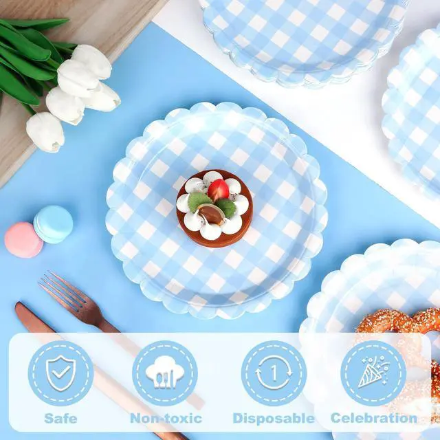 Alt view image 4 of 7 - 52 Pcs Light Blue Scalloped Paper Plates - 7 Inch Gingham Paper Plates Checkered Party Plate - Disposable Plaid Decorative Dinner Dessert Serving Plate - For Baby Shower Wedding Birthday