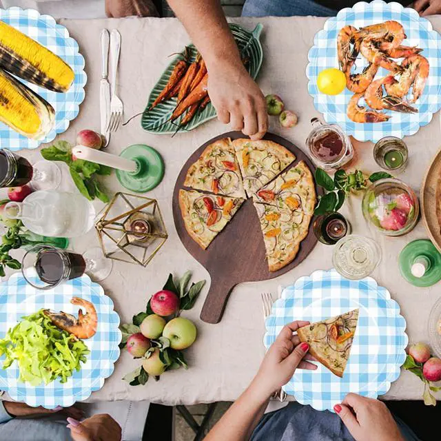 Alt view image 6 of 7 - 52 Pcs Light Blue Scalloped Paper Plates - 7 Inch Gingham Paper Plates Checkered Party Plate - Disposable Plaid Decorative Dinner Dessert Serving Plate - For Baby Shower Wedding Birthday
