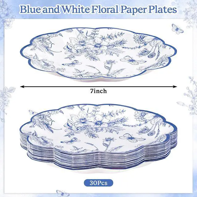 Alt view image 2 of 7 - 30 Pcs Blue Floral Paper Plates, 7 Inch Tea Party Plates Vintage Chinoiserie Flower Plate Disposable Blue and White Dessert Plate for Spring Garden Party Baby & Bridal Shower Birthday Wedding