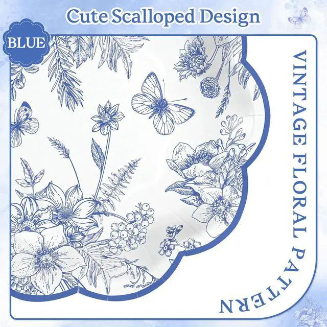 Alt view image 3 of 7 - 30 Pcs Blue Floral Paper Plates, 7 Inch Tea Party Plates Vintage Chinoiserie Flower Plate Disposable Blue and White Dessert Plate for Spring Garden Party Baby & Bridal Shower Birthday Wedding