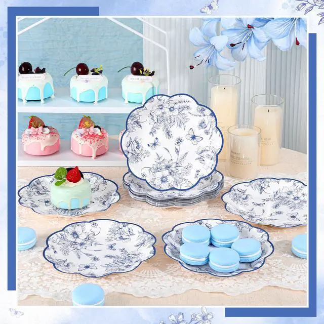 Alt view image 5 of 7 - 30 Pcs Blue Floral Paper Plates, 7 Inch Tea Party Plates Vintage Chinoiserie Flower Plate Disposable Blue and White Dessert Plate for Spring Garden Party Baby & Bridal Shower Birthday Wedding