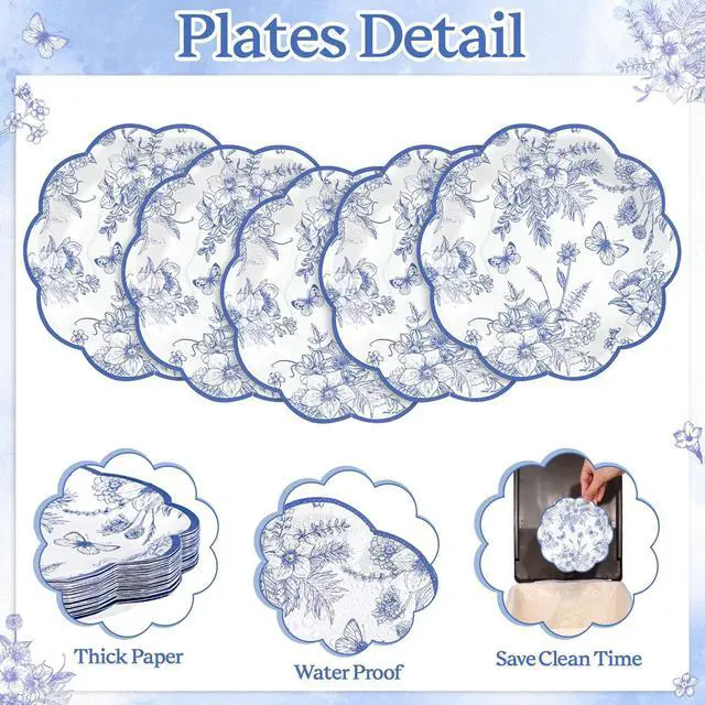 Alt view image 4 of 7 - 30 Pcs Blue Floral Paper Plates, 7 Inch Tea Party Plates Vintage Chinoiserie Flower Plate Disposable Blue and White Dessert Plate for Spring Garden Party Baby & Bridal Shower Birthday Wedding