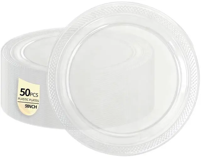 Main image of 50 Pack Clear Plastic Plates, 9 Inch Disposable Party Plates Dinner Plates for BBQ Picnic Wedding Birthday Travel Events Party Supplies (Clear, 9 Inch)