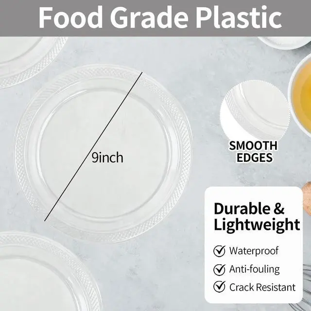 Alt view image 2 of 7 - 50 Pack Clear Plastic Plates, 9 Inch Disposable Party Plates Dinner Plates for BBQ Picnic Wedding Birthday Travel Events Party Supplies (Clear, 9 Inch)