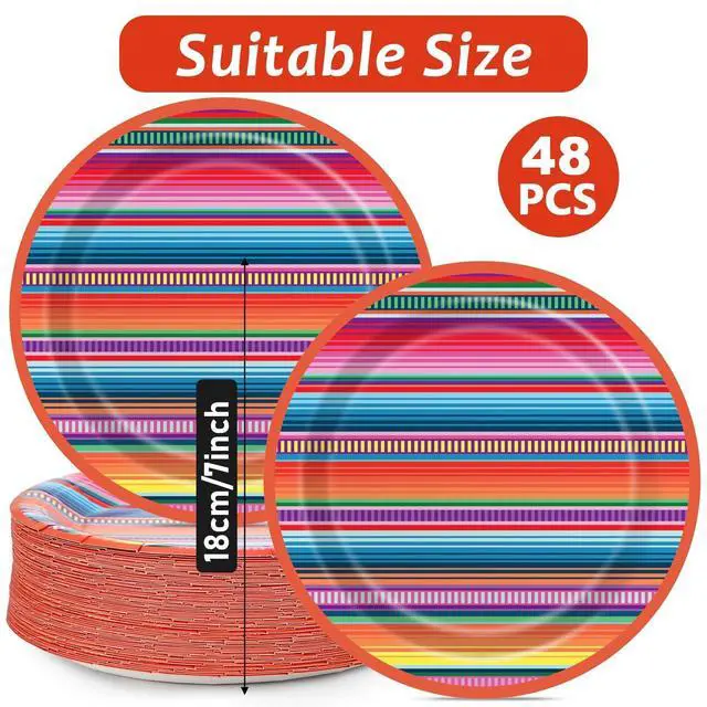 Alt view image 2 of 7 - 48PCS Party Paper Plates Serape Fiesta Party Decorations Taco Plates Disposable Day of The Dead Supplies 7" Mayo Dessert Platters Mexico Stripes Dia De Los Muertos Decor