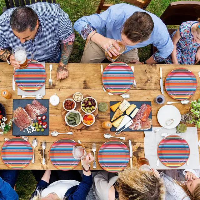 Alt view image 4 of 7 - 48PCS Party Paper Plates Serape Fiesta Party Decorations Taco Plates Disposable Day of The Dead Supplies 7" Mayo Dessert Platters Mexico Stripes Dia De Los Muertos Decor