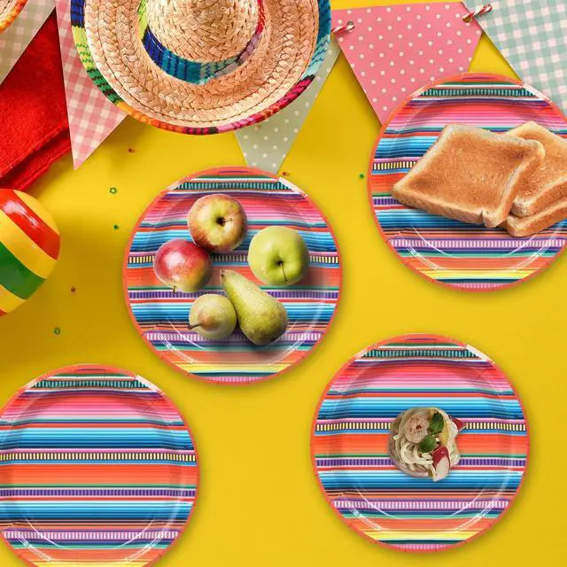 Alt view image 3 of 7 - 48PCS Party Paper Plates Serape Fiesta Party Decorations Taco Plates Disposable Day of The Dead Supplies 7" Mayo Dessert Platters Mexico Stripes Dia De Los Muertos Decor
