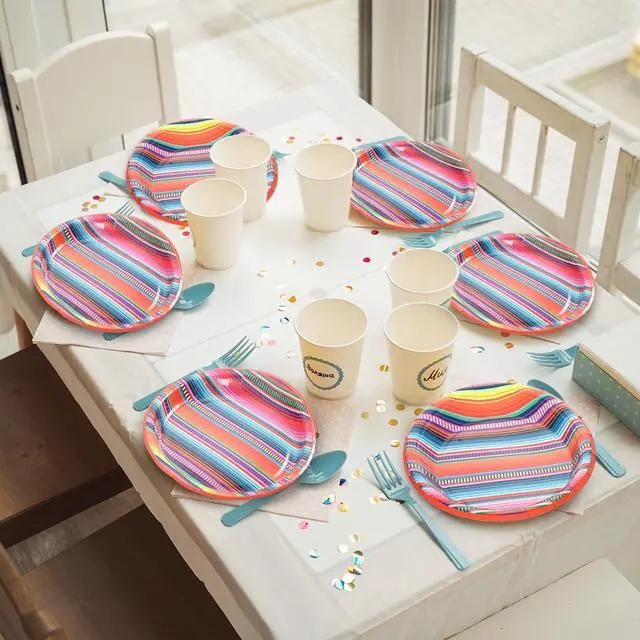 Alt view image 6 of 7 - 48PCS Party Paper Plates Serape Fiesta Party Decorations Taco Plates Disposable Day of The Dead Supplies 7" Mayo Dessert Platters Mexico Stripes Dia De Los Muertos Decor