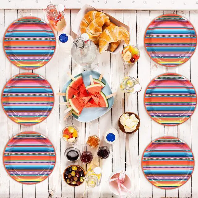 Alt view image 7 of 7 - 48PCS Party Paper Plates Serape Fiesta Party Decorations Taco Plates Disposable Day of The Dead Supplies 7" Mayo Dessert Platters Mexico Stripes Dia De Los Muertos Decor