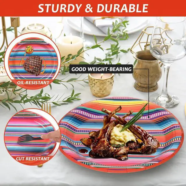 Alt view image 5 of 7 - 48PCS Party Paper Plates Serape Fiesta Party Decorations Taco Plates Disposable Day of The Dead Supplies 7" Mayo Dessert Platters Mexico Stripes Dia De Los Muertos Decor