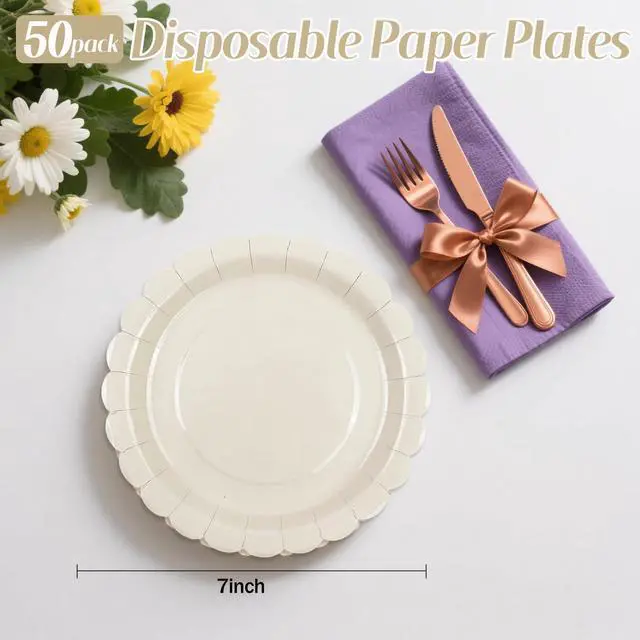 Alt view image 2 of 7 - 50 Pcs Ivory Paper Plates 7 Inch, Cream Scalloped Paper Plates Disposable Cake Dessert Dinner Plate for Birthday Baby Shower Wedding Party Decorative Supplies (Ivory White, 7 INCH)