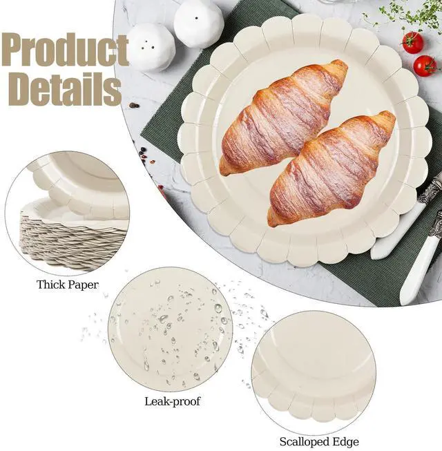 Alt view image 3 of 7 - 50 Pcs Ivory Paper Plates 7 Inch, Cream Scalloped Paper Plates Disposable Cake Dessert Dinner Plate for Birthday Baby Shower Wedding Party Decorative Supplies (Ivory White, 7 INCH)