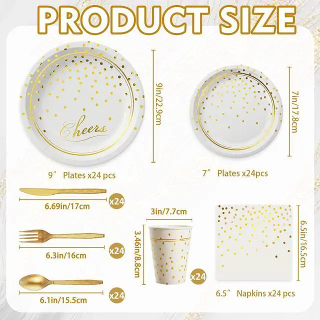 Alt view image 3 of 7 - 168 Pcs Paper Plates and Napkins Party Supplies, White and Gold Disposable Plates for 24 Guests, Golden Dot Party Plates, Napkins, Cups and Utensils Set for Birthday Wedding Graduation Party Decor