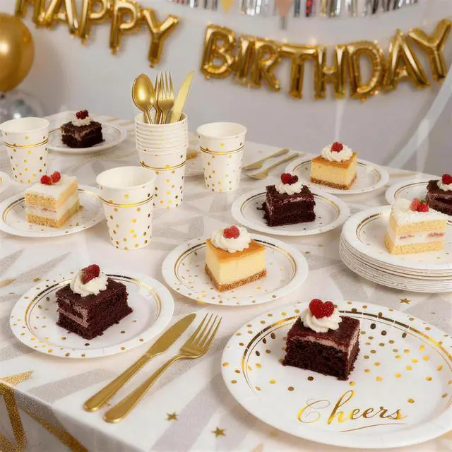 Alt view image 6 of 7 - 168 Pcs Paper Plates and Napkins Party Supplies, White and Gold Disposable Plates for 24 Guests, Golden Dot Party Plates, Napkins, Cups and Utensils Set for Birthday Wedding Graduation Party Decor