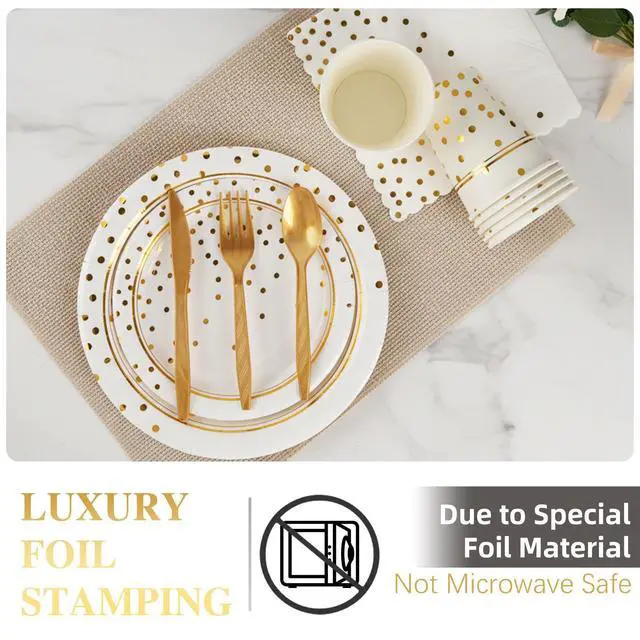 Alt view image 5 of 7 - 168 Pcs Paper Plates and Napkins Party Supplies, White and Gold Disposable Plates for 24 Guests, Golden Dot Party Plates, Napkins, Cups and Utensils Set for Birthday Wedding Graduation Party Decor
