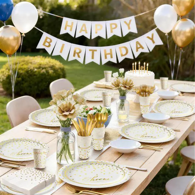 Alt view image 7 of 7 - 168 Pcs Paper Plates and Napkins Party Supplies, White and Gold Disposable Plates for 24 Guests, Golden Dot Party Plates, Napkins, Cups and Utensils Set for Birthday Wedding Graduation Party Decor