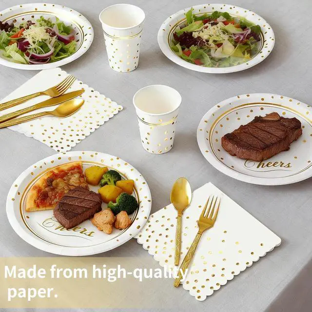 Alt view image 2 of 7 - 168 Pcs Paper Plates and Napkins Party Supplies, White and Gold Disposable Plates for 24 Guests, Golden Dot Party Plates, Napkins, Cups and Utensils Set for Birthday Wedding Graduation Party Decor