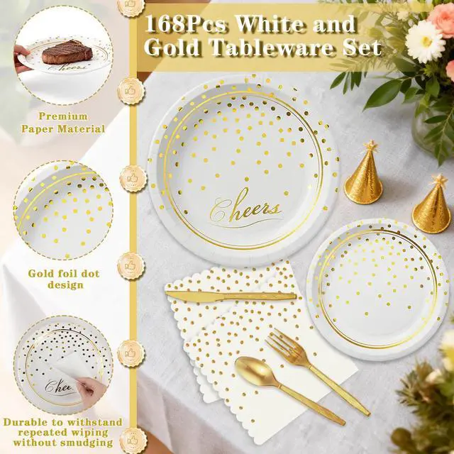 Alt view image 4 of 7 - 168 Pcs Paper Plates and Napkins Party Supplies, White and Gold Disposable Plates for 24 Guests, Golden Dot Party Plates, Napkins, Cups and Utensils Set for Birthday Wedding Graduation Party Decor