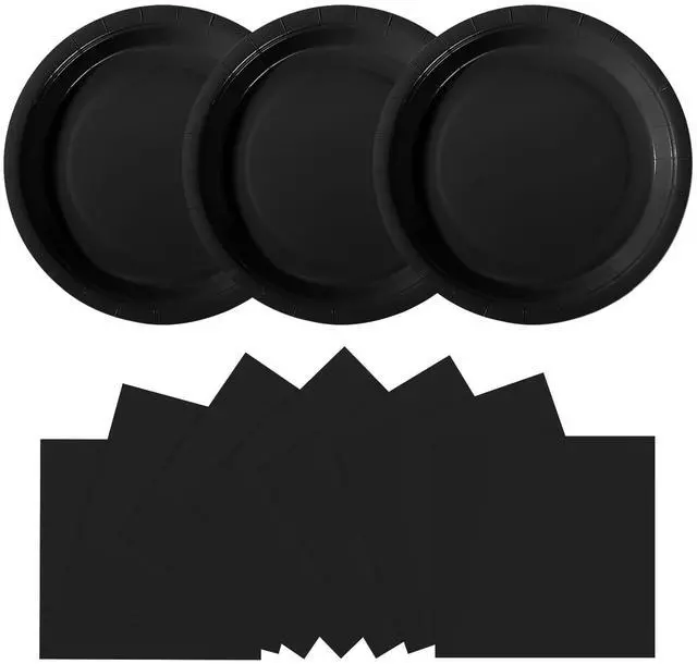 Main image of 48 Pcs Black Paper Plates Disposable, 24 Napkins and 24-9" Disposable Birthday Cake Dessert Plates For Valentines Day, Baby Shower, Easter Party