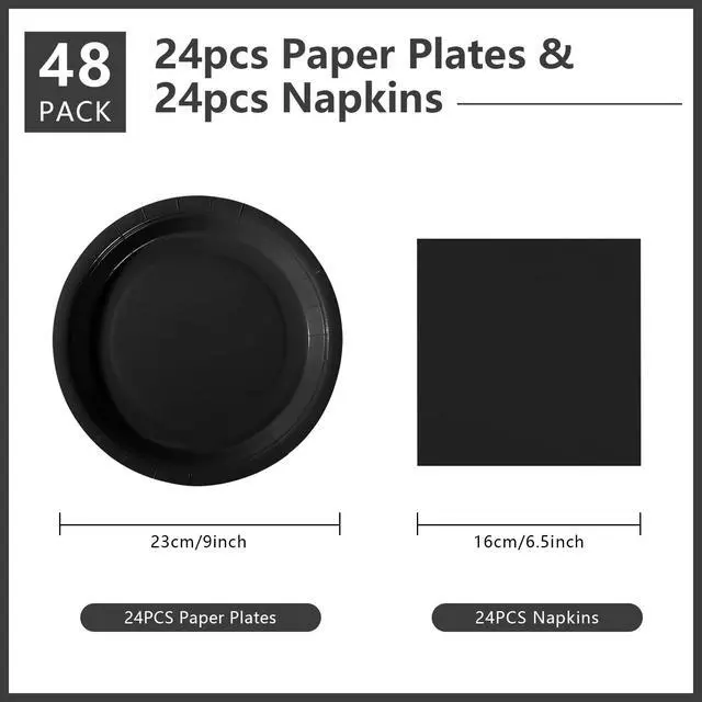 Alt view image 2 of 7 - 48 Pcs Black Paper Plates Disposable, 24 Napkins and 24-9" Disposable Birthday Cake Dessert Plates For Valentines Day, Baby Shower, Easter Party