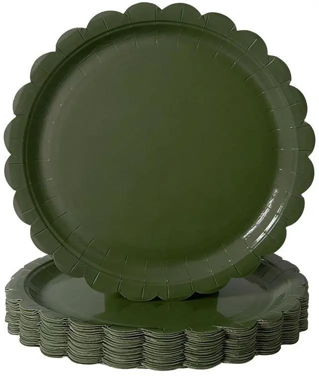 Main image of 50PCS Disposable Paper Plates, Scalloped Olive-Green Party Plates, 7IN