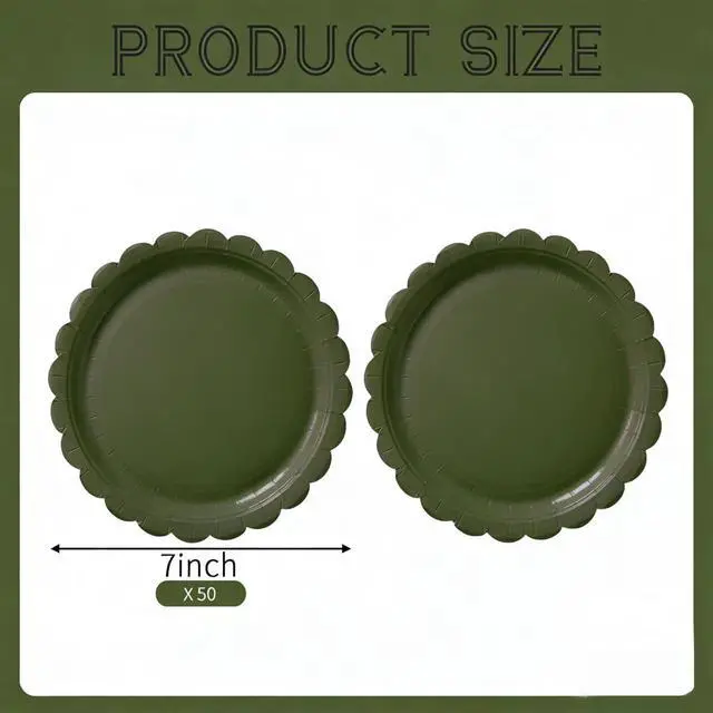 Alt view image 2 of 7 - 50PCS Disposable Paper Plates, Scalloped Olive-Green Party Plates, 7IN