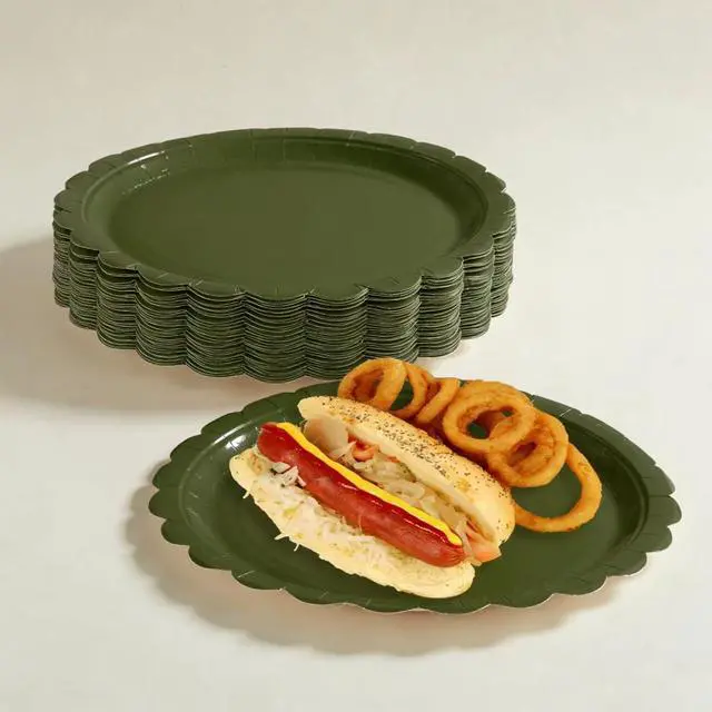 Alt view image 3 of 7 - 50PCS Disposable Paper Plates, Scalloped Olive-Green Party Plates, 7IN