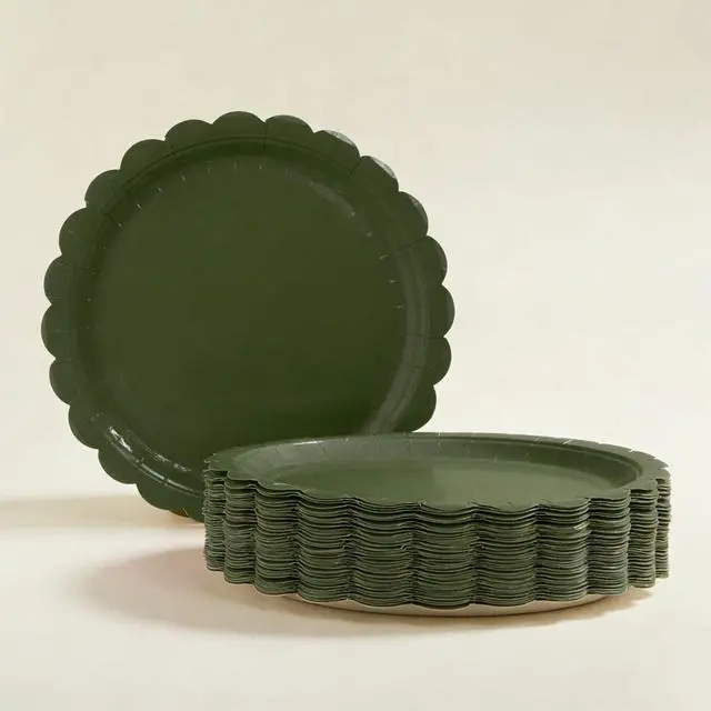 Alt view image 7 of 7 - 50PCS Disposable Paper Plates, Scalloped Olive-Green Party Plates, 7IN