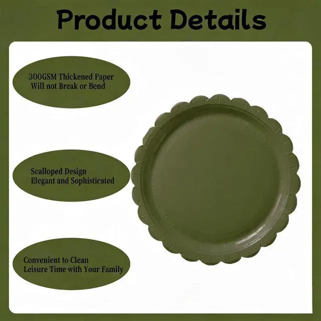Alt view image 5 of 7 - 50PCS Disposable Paper Plates, Scalloped Olive-Green Party Plates, 7IN