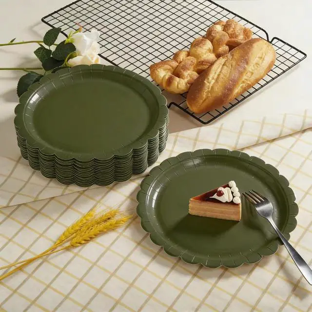 Alt view image 4 of 7 - 50PCS Disposable Paper Plates, Scalloped Olive-Green Party Plates, 7IN