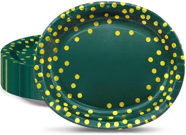 Main image of 30Pcs Green Gold Oval Paper Plates 10" X 12" Large Disposable Dinner Plates for World Cup Birthday Wedding Engagement